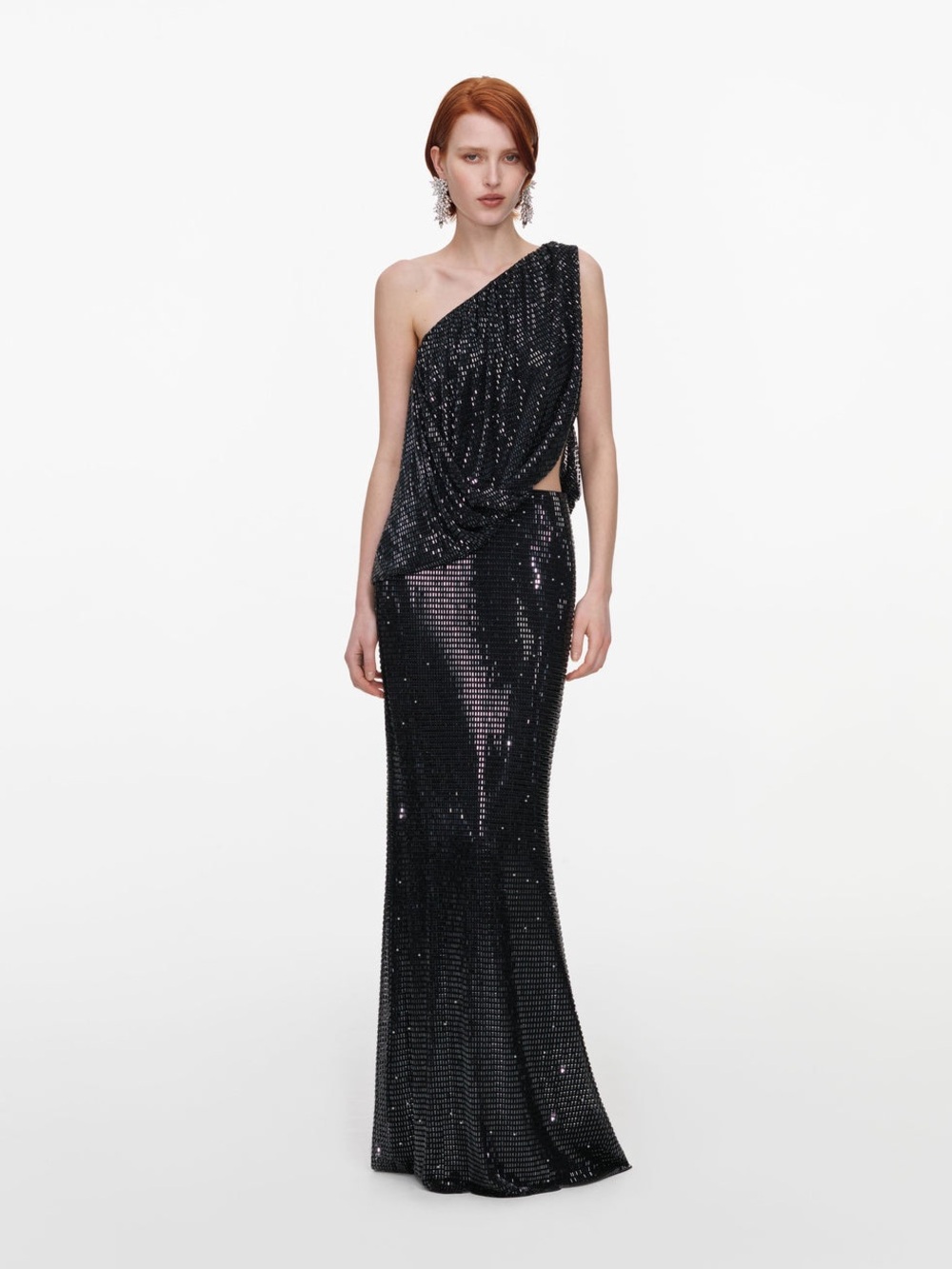 NWOT Self-Portrait Black Rhinestone One Shoulder Maxi Dress, Size US 0/2/4/6/8